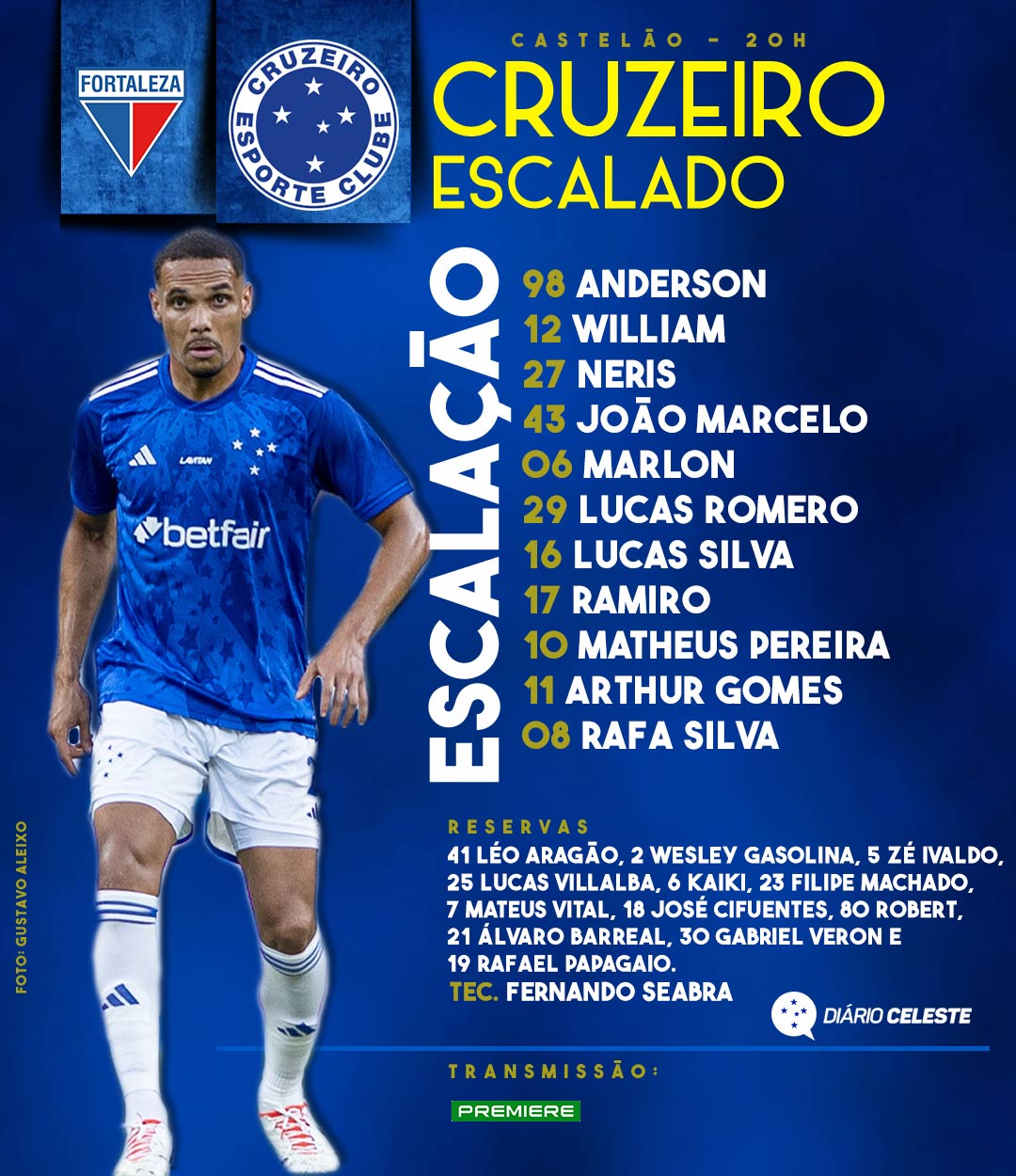 Cruzeiro e Fortaleza escalados para o jogo desta quarta-feira, pelo Brasileirão