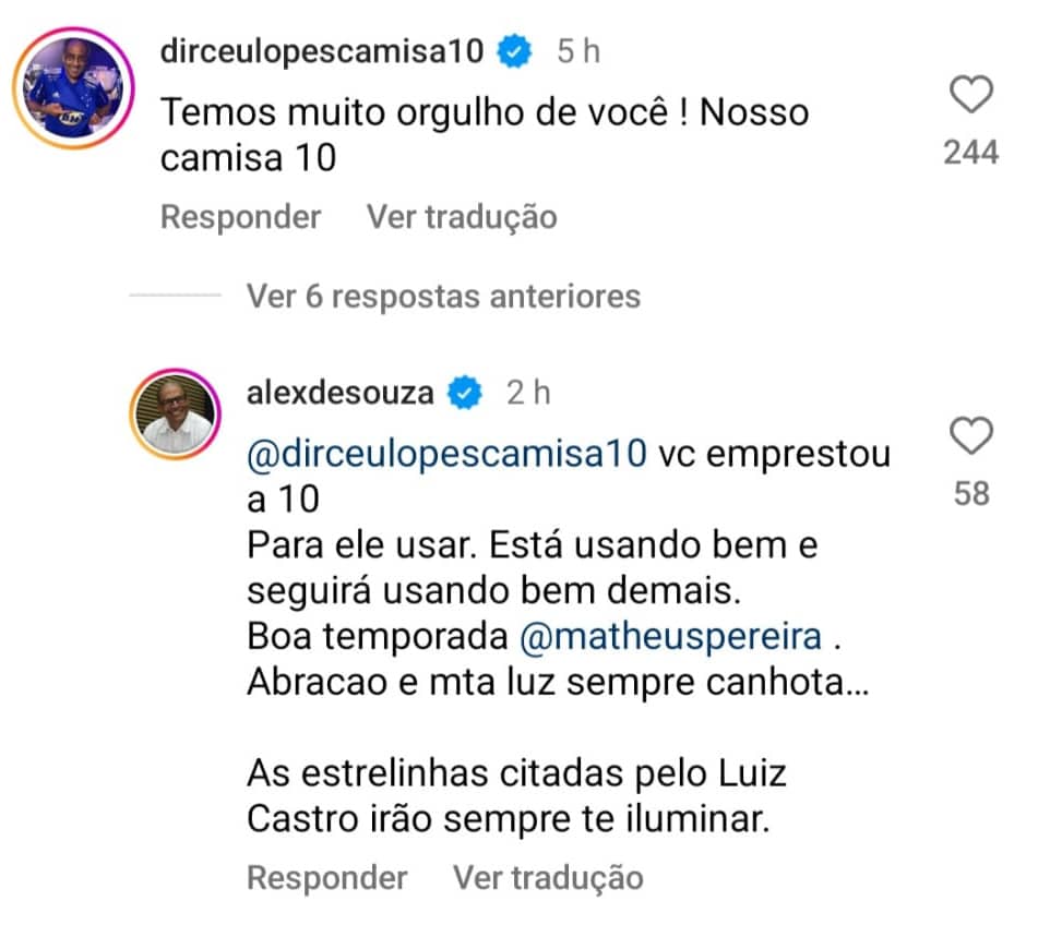 Ídolos do Cruzeiro, Alex e Dirceu Lopes enviam mensagem à Matheus Pereira